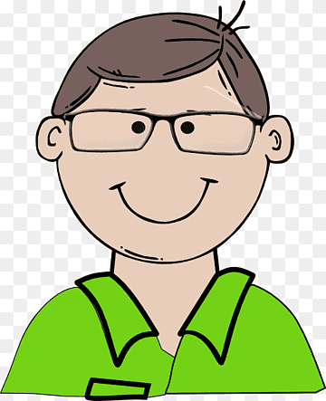 Smiling cartoon man with brown hair, glasses, and a green shirt.