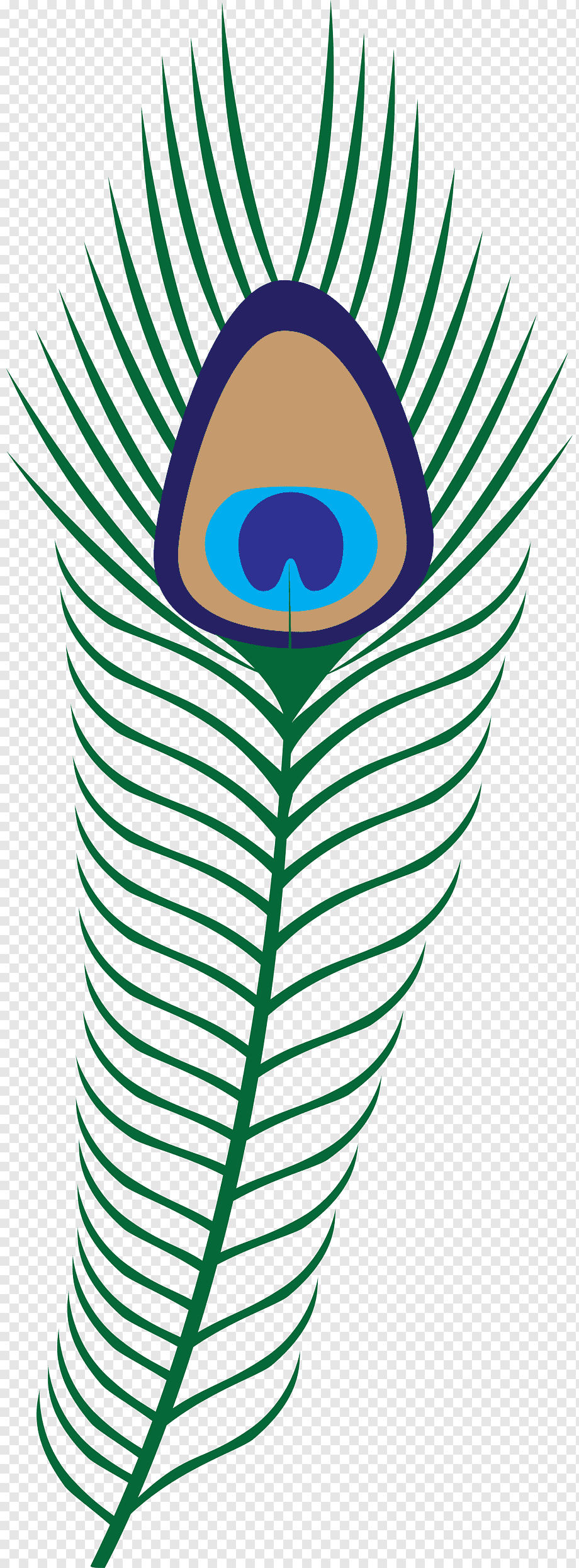 Stylized peacock feather with vibrant green barbs and iconic eye pattern in blue, tan, and navy.