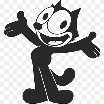 Felix the Cat, a classic black-and-white cartoon character, smiling with arms outstretched in a joyful pose.