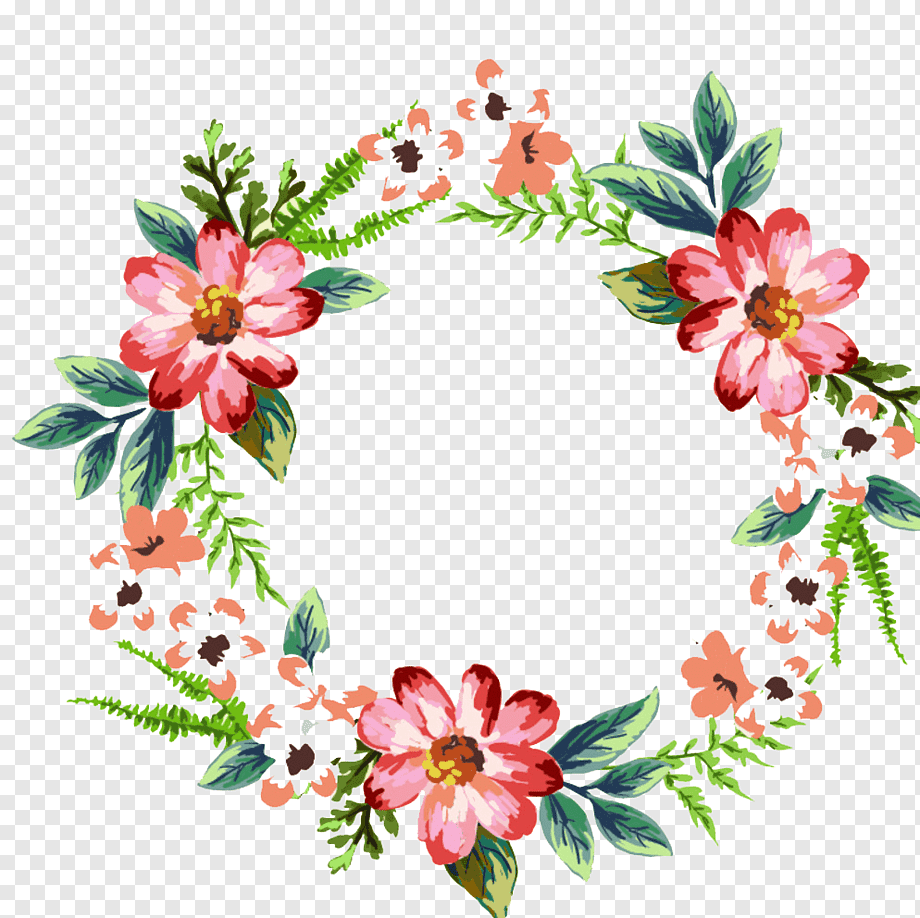 Watercolor floral wreath with pink-red blossoms, green leaves, and fern accents on transparent background.
