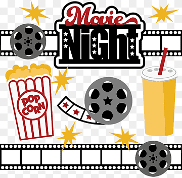 Movie night clipart with popcorn, soda, film reels, and film strip graphics on transparent background.