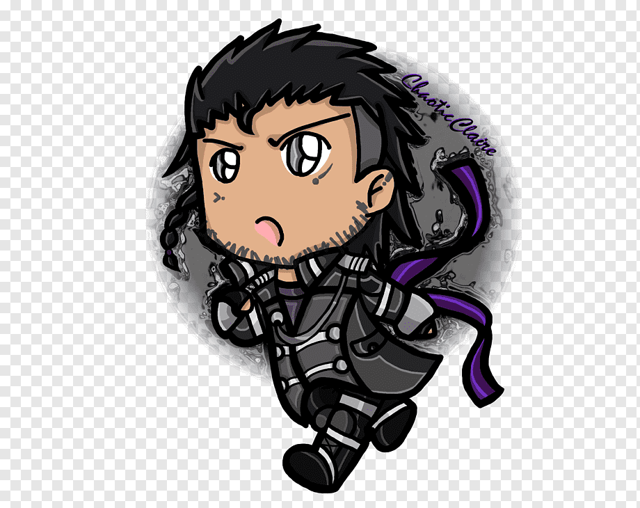 Chibi-style anime character with spiky black hair, purple ribbon, and dark armor, in dynamic pose against smoky background.