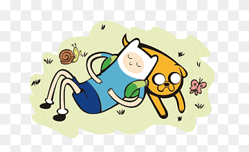 Finn the Human and Jake the Dog from Adventure Time lying together peacefully in a grassy field with snail and butterfly.