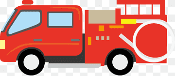 Red cartoon-style fire truck with ladder, hose, and emergency lights.