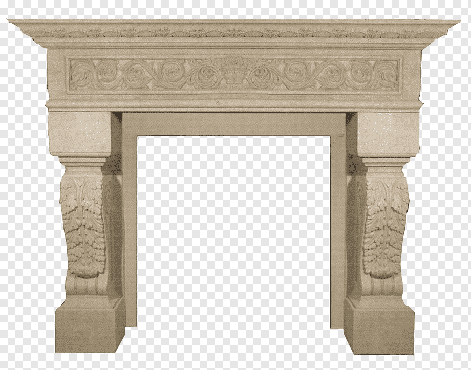 Ornate beige stone fireplace mantel with acanthus leaf carvings and scrollwork frieze.