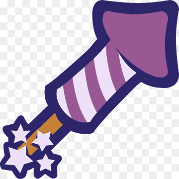 Purple and white striped firework rocket with sparkling stars, cartoon-style illustration.