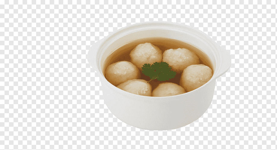 A white ceramic bowl filled with clear broth and six round fish balls, garnished with a sprig of cilantro.