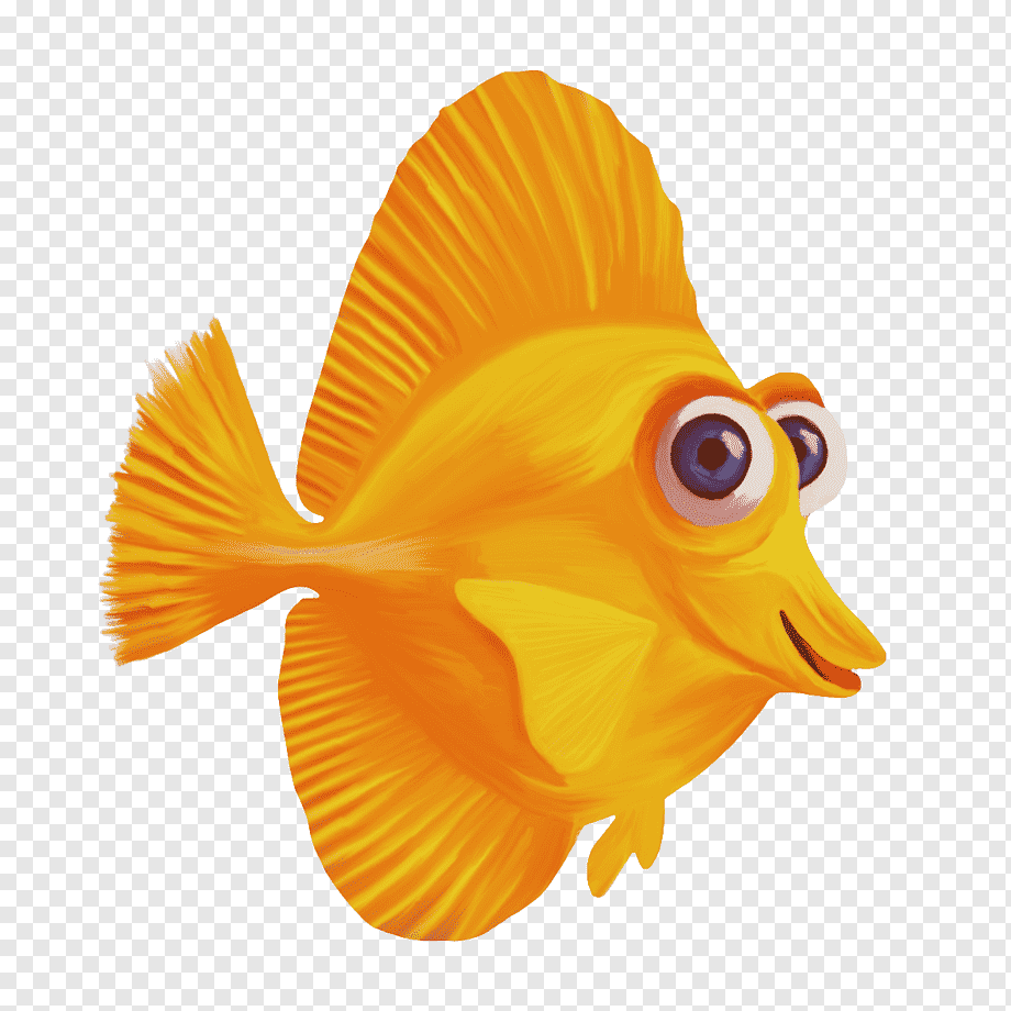 Bright orange cartoon fish with large expressive eyes and smiling mouth, stylized fins on transparent background.