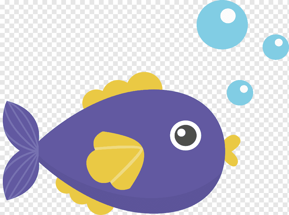 Purple cartoon fish with yellow fins and bubbles, swimming underwater in a playful illustration style.