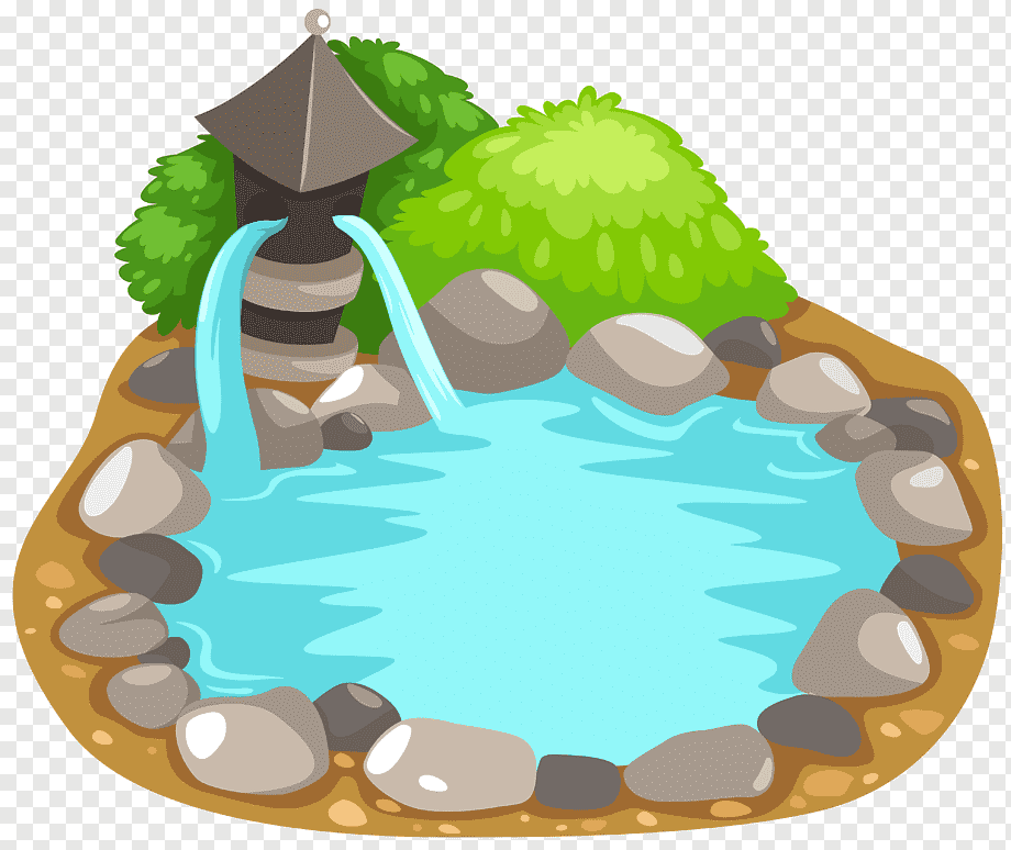 Serene Japanese-style stone pond with waterfall, green shrubs, and a traditional lantern.
