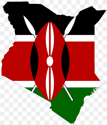 Map of Kenya overlaid with national flag and Maasai shield with crossed spears.