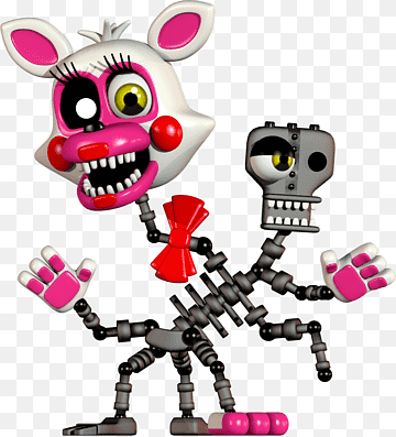 Distorted animatronic rabbit with exposed endoskeleton, pink accents, and eerie grin beside a skeletal robot figure.