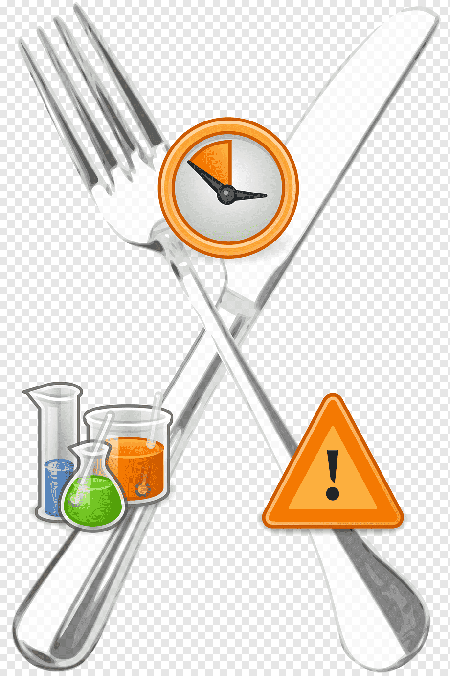 Crossed fork and knife with timer, lab beakers, and warning sign symbolizing food safety risks and time-sensitive handling.
