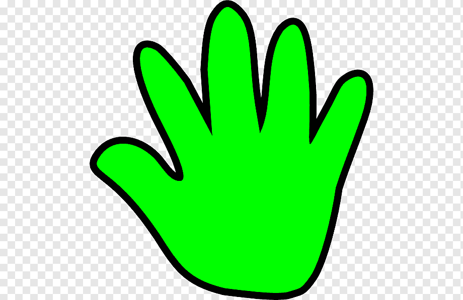 Bright green cartoon hand with black outline, palm open and fingers spread, on transparent background.