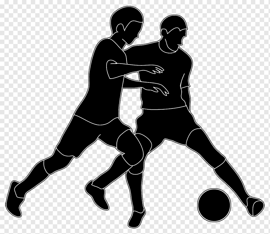 Two soccer players in silhouette competing for the ball during a match.
