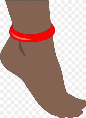 A brown-skinned foot wearing a bright red anklet on a transparent background.