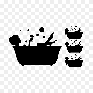 Silhouette of a person relaxing in a bubble bath with wine, alongside stacked mini baths with splashes and bubbles.