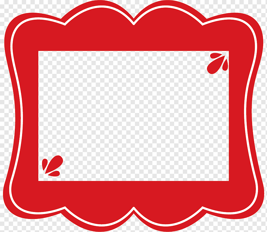 Red decorative frame with scalloped edges and white outline, featuring small leaf motifs in corners.