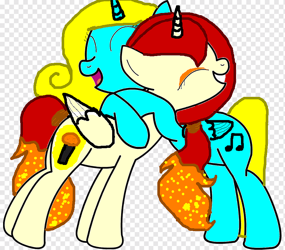 Two colorful pony characters embracing joyfully, one cyan with yellow mane, the other cream with red mane and horn, both with fiery accents.