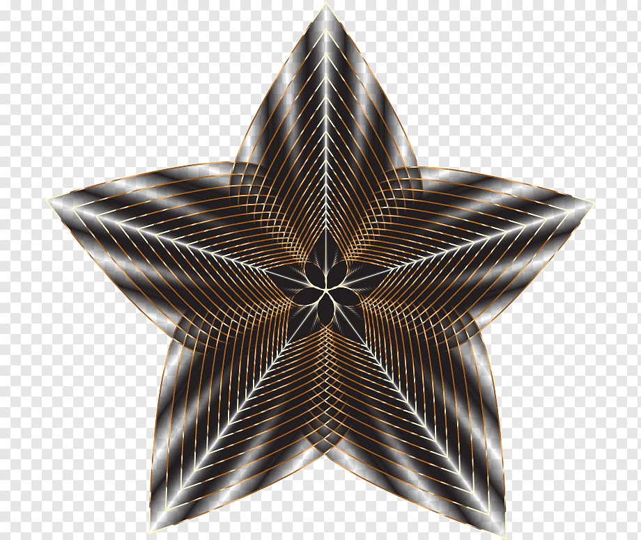 Geometric five-pointed star with metallic silver and gold lines forming a fractal-like radial pattern on transparent background.