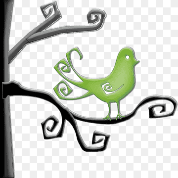 A stylized green bird with ornate swirl-patterned wings perched on a decorative black branch against a transparent background.