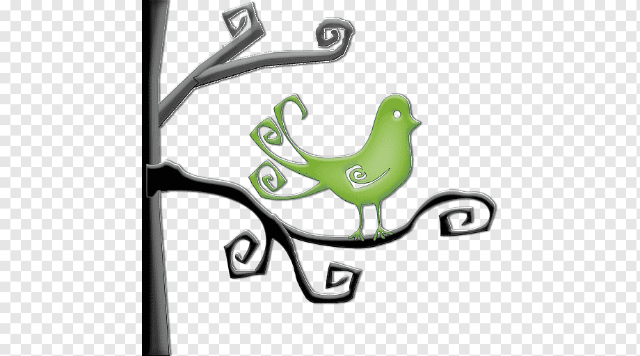 Stylized green bird perched on ornate black branch with swirling decorative elements on transparent background.
