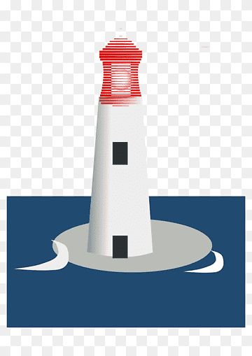 Stylized white lighthouse with red lantern room on a gray base in blue water, vector illustration.