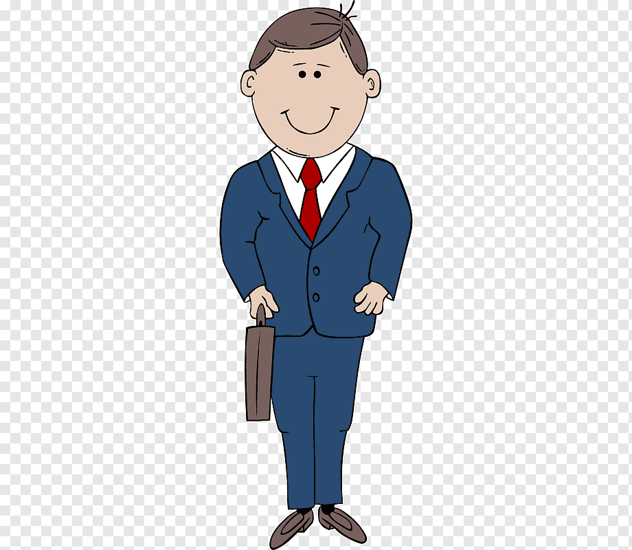 Cartoon businessman in blue suit, red tie, holding briefcase, smiling confidently.