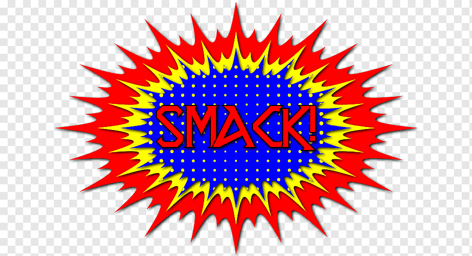 Comic book-style "SMACK!" explosion graphic with red, yellow, and blue colors and halftone dots.