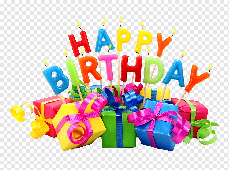 Colorful "Happy Birthday" letter candles on gift boxes with ribbons and streamers.