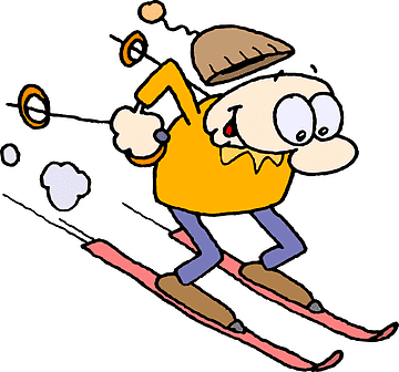 Cartoon skier in yellow jacket and brown hat, skiing with exaggerated motion and flying rings.