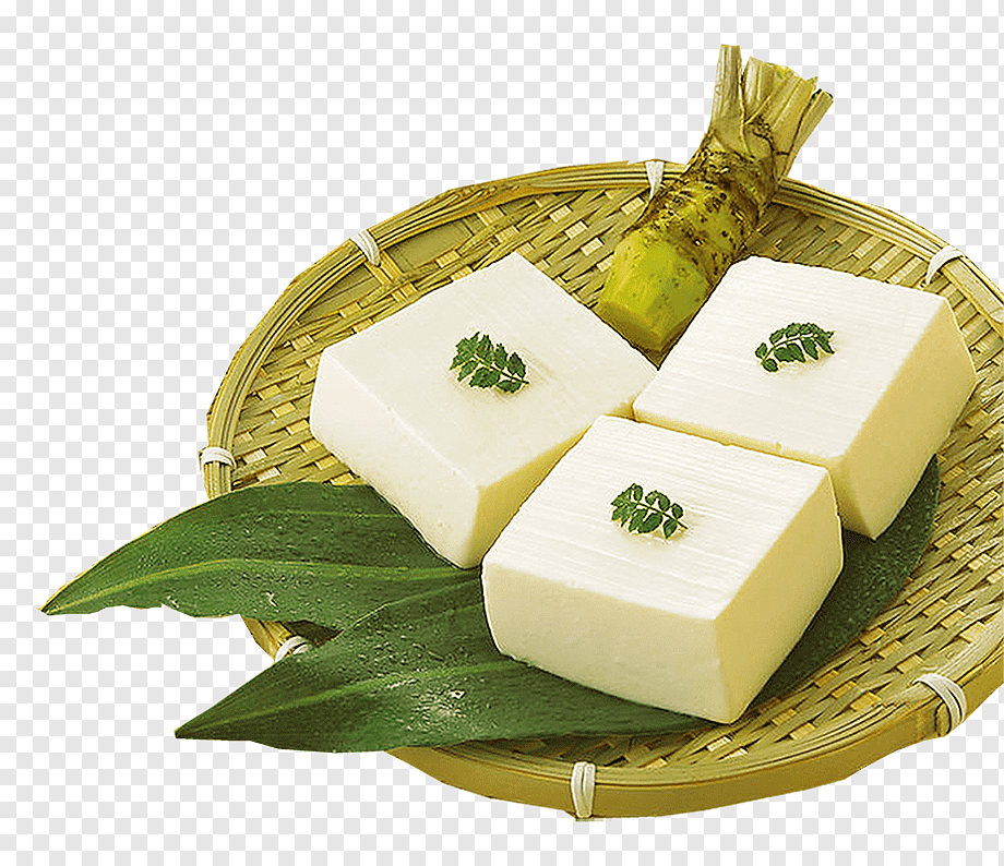 Three cubes of fresh white tofu garnished with green leaves on a bamboo tray with wasabi root.