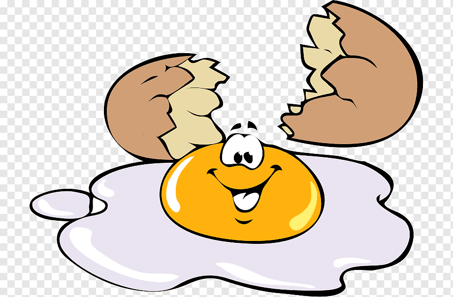 Smiling cartoon egg yolk with cracked shell, sitting in egg white on transparent background.