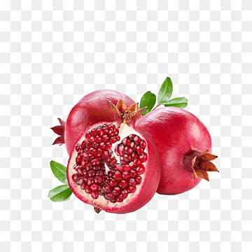 Fresh pomegranates with one halved, revealing vibrant red arils and green leaves on a transparent background.