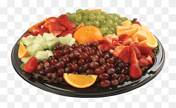 Colorful fruit platter with grapes, strawberries, oranges, melon, and kiwi on a black tray.