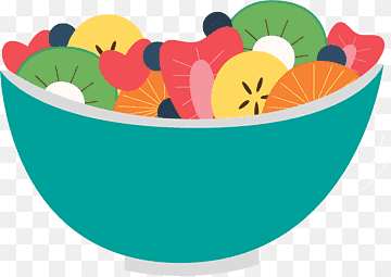 A vibrant cartoon-style bowl filled with colorful fruit slices including kiwi, orange, strawberry, blueberry, and lemon.