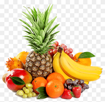 A vibrant assortment of fresh fruits including pineapple, bananas, oranges, grapes, mango, and strawberries on a transparent background.