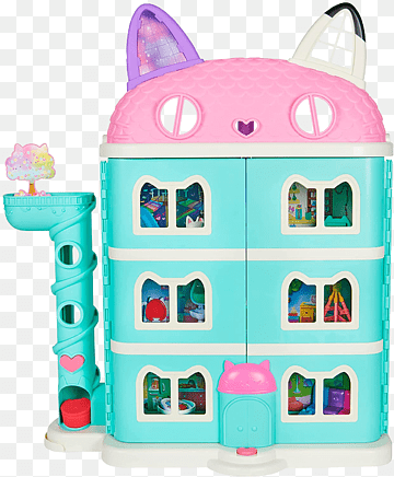Pastel-colored cat-themed dollhouse with pink roof, turquoise walls, and playful accessories like a spiral slide and heart details.