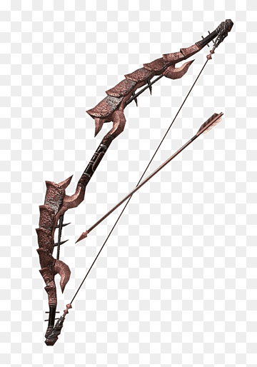 Ornate fantasy bow with jagged, bone-like embellishments and a taut arrow, rendered in bronze and dark metal tones.