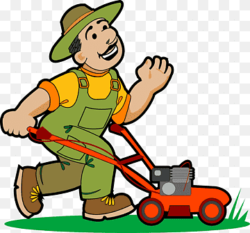 Cheerful gardener in green overalls and hat pushing a red lawnmower on grass.