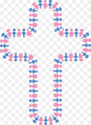 A Christian cross formed by alternating pink and blue silhouettes of people, symbolizing unity, diversity, and community in faith.