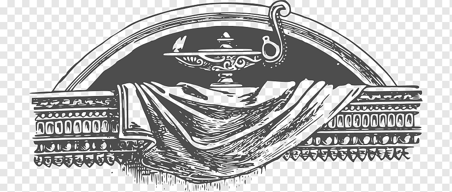 Ornate black-and-white engraving of a draped altar with a ceremonial lamp and scroll, framed by decorative arch and frieze.