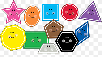 Colorful smiling geometric shapes-including stars, circles, squares, triangles, and hexagons-arranged playfully on a transparent background.