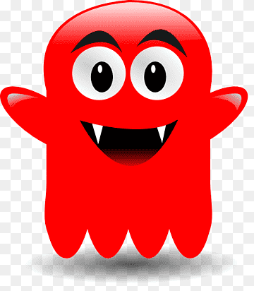 Cheerful red cartoon ghost with big eyes, fangs, and raised arms on transparent background.
