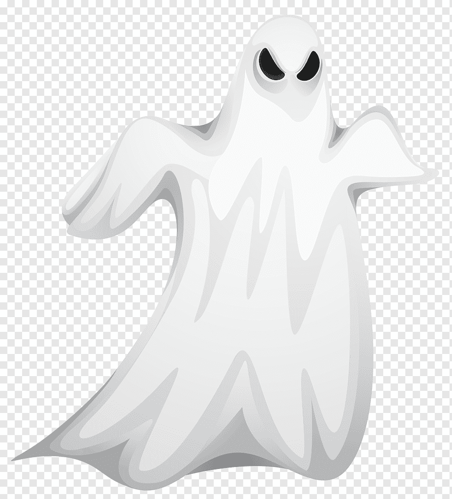 White cartoon ghost with hollow black eyes and flowing sheet-like form on transparent background.