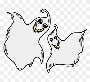 Two cartoon-style ghosts with expressive faces and flowing sheets, one larger with a mischievous grin, the other smaller with wide eyes.