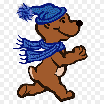 Brown cartoon dog wearing a blue polka-dot winter hat and scarf, running joyfully.