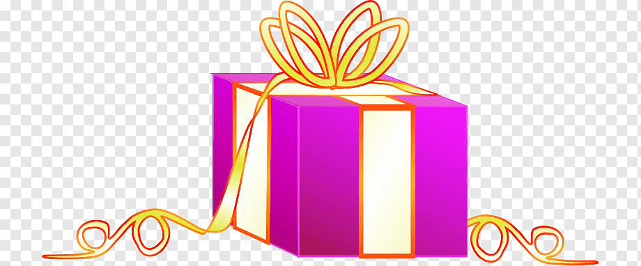 Vibrant purple gift box with golden-orange ribbon bow and flowing tails on transparent background.