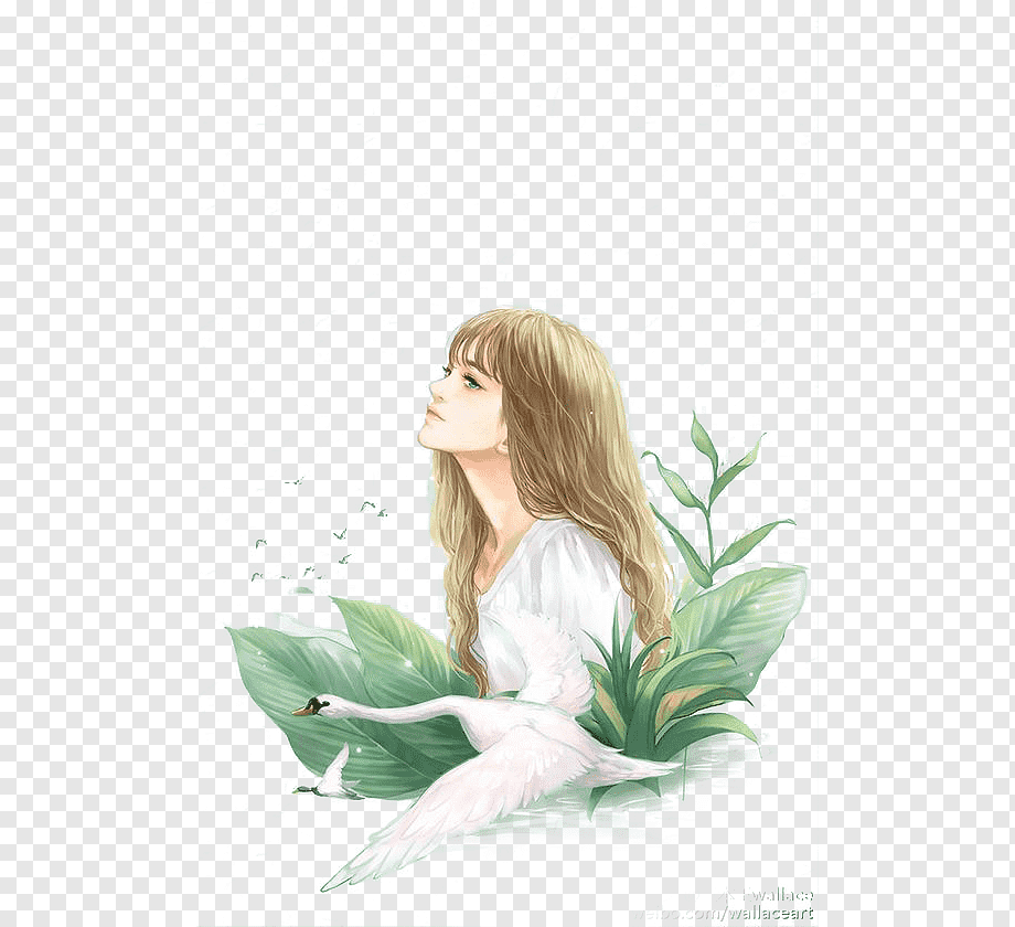 A serene young woman with long blonde hair gazes upward, surrounded by green leaves and a white swan in a tranquil, ethereal setting.
