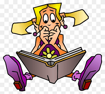 Cartoon girl with pigtails reading a book, surprised expression, purple shoes.